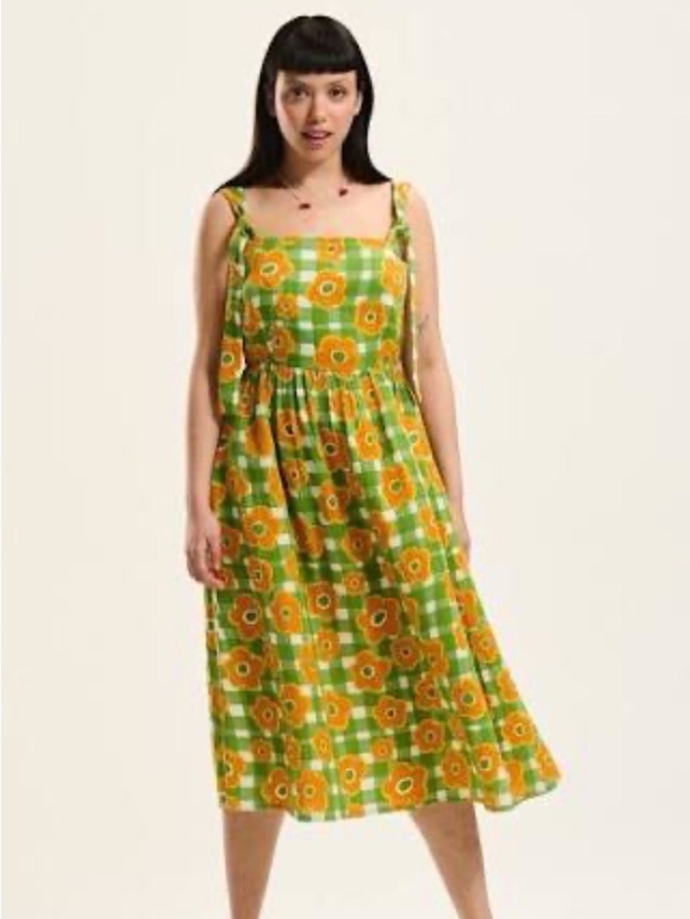 Lucy & Yak - Green & Yellow Floral Midi Dress with Adjustable Straps